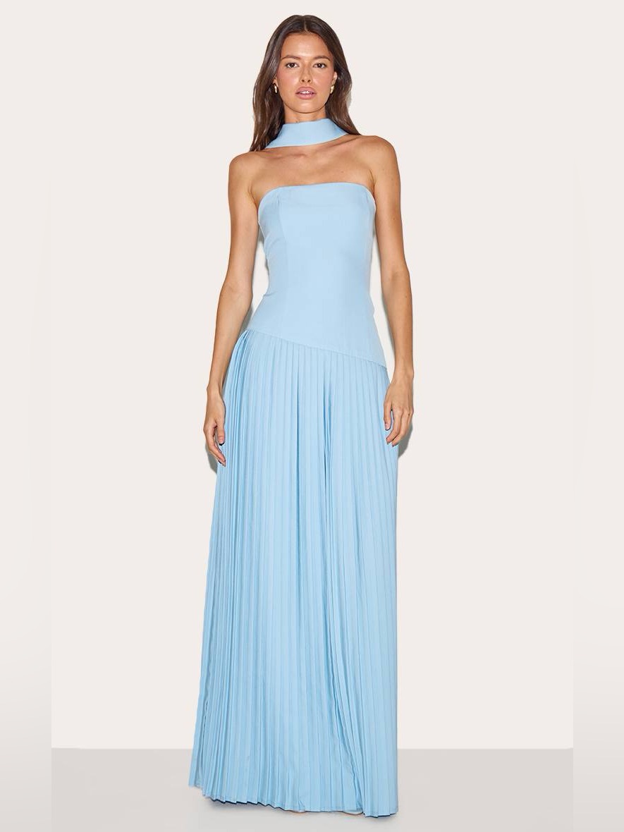 Prettylittlething Pale Blue Woven Asymmetric Pleated Maxi Dress